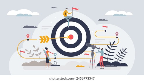 Goal setting as action plan for employee motivation tiny person concept. Achieve target with effective and smart staff leadership vector illustration. Guide company towards objectives and ambitions.