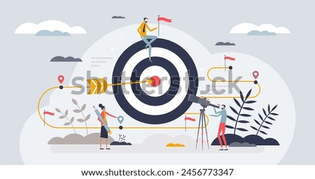 Goal setting as action plan for employee motivation tiny person concept. Achieve target with effective and smart staff leadership vector illustration. Guide company towards objectives and ambitions.