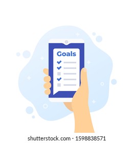 Goal setting app in smartphone, phone in hand, vector