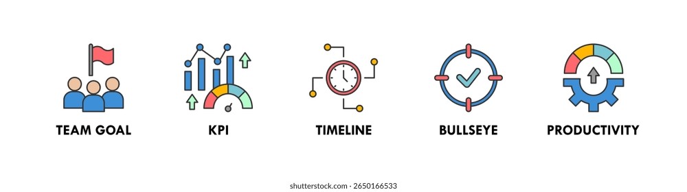 Goal Setting banner web icon illustration concept with icon of team goal, kpi, timeline, bullseye, and productivity