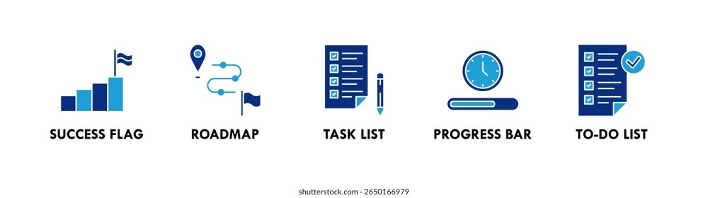 Concepto de la ilustración del icono del Web del Anuncio con la bandera del icono del éxito, hoja de ruta, lista de tareas, barra del progreso, y lista de hacer