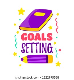 Goal setting. Book and pencil are ready to write. Vector cartoon.
