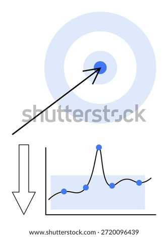 Goal setting, business strategy, performance metrics, market analysis, data trends, precision targeting. Arrow hitting bullseye and line graph with peaks and dips. Goal setting and business strategy