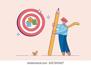 Goal setting concept. Achievable target or purposeful objective, mission to accomplish or challenge to win for business success, businessman write down goal on notes and put on big dartboard target.