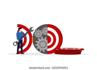 goal setting concept. An action plan for setting goals. Assess ability and passion. Plan clearly and act immediately. Businessman holding wrench to adjust target dartboard. flat vector illustration.