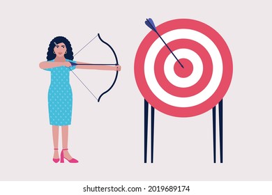 Concepto de fijación de objetivos. Carácter con un gran objetivo y arco y flecha. Ilustración de vector plana colorida.