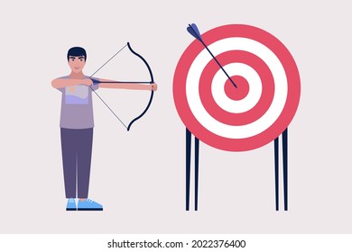 Concepto de fijación de objetivos. Carácter con un gran objetivo y arco y flecha. Ilustración de vector plana colorida.