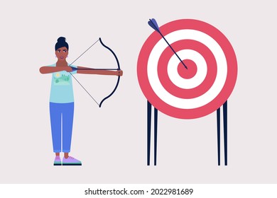 Goal setting concept. Character with a big target and bow and arrow. Colorful flat vector illustration.