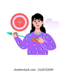 Goal setting concept. Character with a big target and arrow. Colorful flat vector illustration.