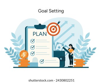 Goal Setting concept. Charting financial targets with structured planning and precision. Achieving monetary objectives. Flat vector illustration