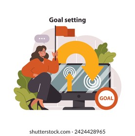 Goal Setting concept. A determined woman points towards her objective on a computer, signifying digital aspirations and achievements. Path to success. Strategic planning. Flat vector illustration.