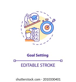 Icono de concepto de configuración de objetivo. Ilustración de línea delgada de la idea del desarrollo personal. Plan de acción para motivar y orientar el objetivo de la persona. Dibujo de color RGB con contorno aislado del vector. Trazo editable