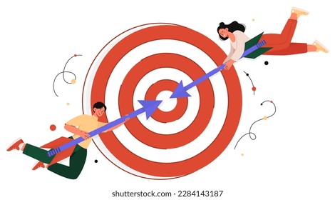 Goal setting concept. Man and girl with arrows near target. Organization of effective workflow. Strategy development and business planning. Teamwork and collaboration. Cartoon flat vector illustration