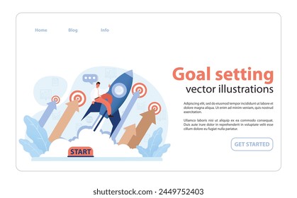 Goal setting concept. Man launching from the start, navigating rising arrows to hit multiple targets. Charting growth, ambition, and success journey. Flat vector illustration.