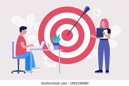 Goal setting concept. People with a big target. Colorful flat vector illustration.