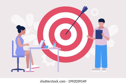 Concepto de fijación de objetivos. Gente con un gran objetivo. Ilustración de vector plana colorida.