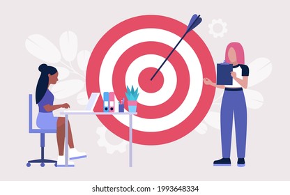Goal setting concept. People with a big target. Colorful flat vector illustration.