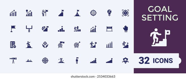 Colección de icono llena de configuración de objetivos. Relacionado con la meta, el logro, la visión, el éxito, la motivación, la planificación, el hito. Conjunto mínimo de iconos sólidos. Paquete de símbolos de píxeles editables y perfectos.