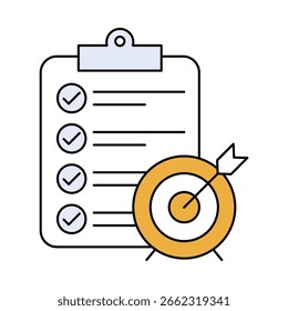 Icono de ajuste de objetivos. Lista de verificación y objetivo, planificación y logro. Ilustración vectorial.