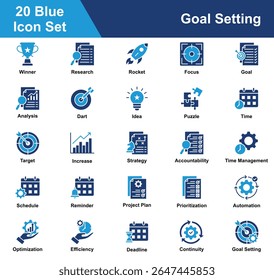 Goal Setting Icon Set Collection. Containing Winner, Research, Rocket, Focus, Goal, Analysis, Dart, Idea, Puzzle, Time, Target, Increase, Strategy, Accountability. Simple Blue Vector Illustration.