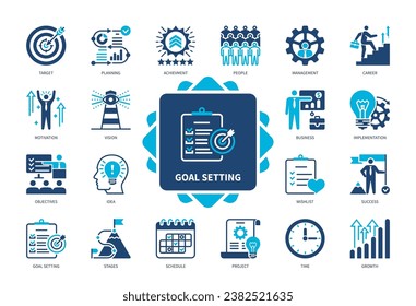 Goal Setting icon set. Target, Vision, Planning, Implementation, Growth, Idea, Project, Success. Duotone color solid icons