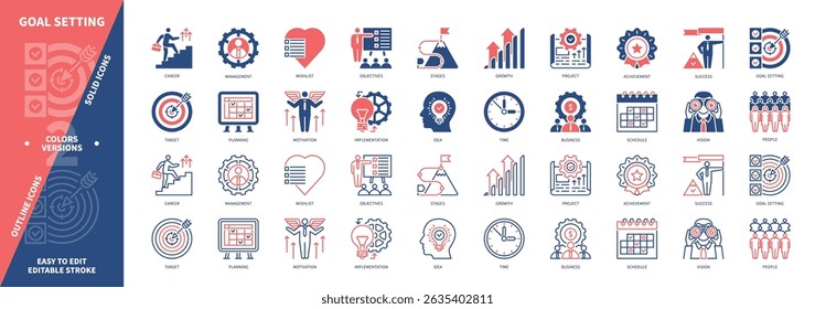 Goal Setting icon set. Target, Vision, Planning, Implementation, Growth, Idea, Project, Success. Duotone color solid and editable outline icons