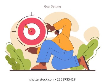 Goal setting. Idea of strategy development and moving towards success. Businessman pointing to a target. Time table organization for performance efficiency. Flat vector illustration