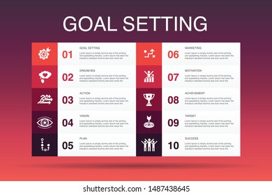 goal setting Infographic 10 option template. dream big, action, vision, strategy simple icons