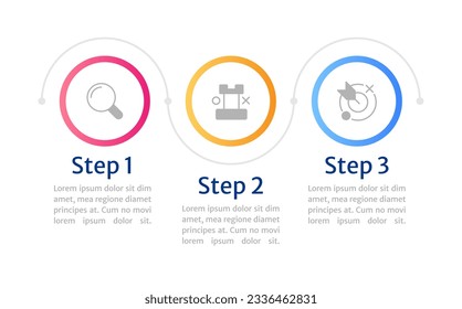Plantilla de diseño de gráfico de infografía de configuración de objetivos. Gráfico de infografías editable con iconos. Gráficos instructivos con secuencia de 3 pasos. Presentación de datos visuales. Merriweather Sans Regular, fuentes ligeras utilizadas