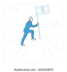 Goal setting - line design style isolated illustration on white background. Metaphorical image of a businessman climbing up a hill, planting a flag with a dollar sign. Money earning concept