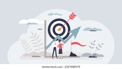 Goal setting for measurable business target achievement tiny person concept. Smart strategy and plan for successful objective reaching vector illustration. Company development and vision management.