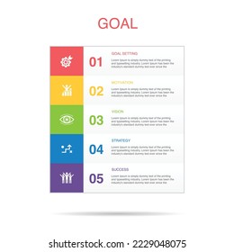goal setting, motivation, vision, strategy, success icons Infographic design template. Creative concept with 5 steps