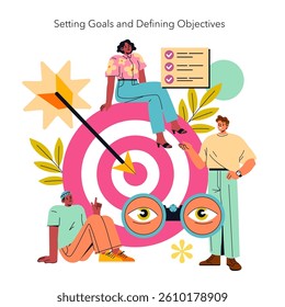Goal setting and objective defining process illustrated with diverse individuals engaged in planning. Visual elements emphasize focus, clarity, and achievement within a collaborative workspace. Vector
