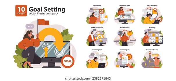 Goal Setting set. Articulating aspirations through visualization, diving into long-term and short-term targets. Utilizing SMART criteria, understanding benchmarks. Flat vector illustration