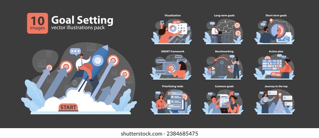 Goal Setting set. Inspiring journey from start to success. Visualization, long-term objectives, short-term actions. SMART strategy, benchmark measures. Flat vector illustration