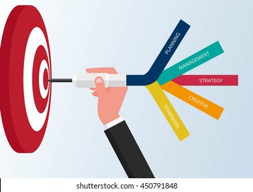 Goal setting. Smart goal. Business target concept. Hand holding dart to target. Vector Illustration.