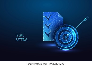 Goal setting, strategic planning futuristic concept with target symbol and task list in glowing low polygonal style on dark blue background. Modern abstract connection design vector illustration.