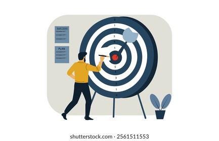 Goal setting, target, achievement, success illustration. Man aiming at bullseye, planning, strategy. Business goals, hitting target, focus, ambition, dartboard. Achieve success, business plan.