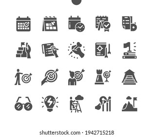 Goal Setting. Time planning and calendar. Success and strategy. Schedule, growth, successful, destination, target and achieve. Vector Solid Icons. Simple Pictogram