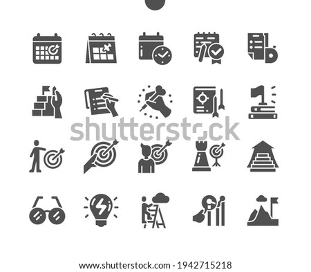 Goal Setting. Time planning and calendar. Success and strategy. Schedule, growth, successful, destination, target and achieve. Vector Solid Icons. Simple Pictogram