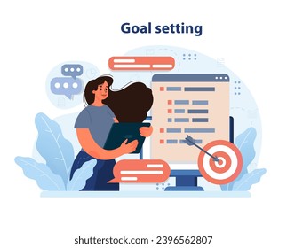 Goal setting visualization. Woman holding clipboard while reviewing digital list, arrow hits target. Prioritization, task alignment, focused approach. Effective planning, strategic execution