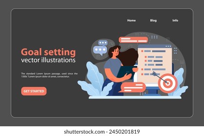 Visualización de establecimiento de objetivos. Mujer sosteniendo el Portapapeles mientras revisa la lista digital, la flecha golpea el objetivo. Priorización, alineación de tareas, enfoque focalizado. Planificación eficaz, ejecución estratégica