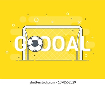 Goal sign and football / soccer ball. Trendy flat vector on yellow background. Vector Illustration. 
