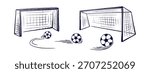 Goal, soccer ball, kick spin motion. Black and white sport gate. Hand drawn elements isolated on transparent backdrop. Sketch crayon style