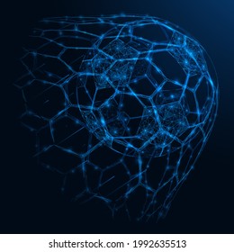 Goal. A soccer ball in a wicker netting. Polygonal design of lines and points. Blue background.