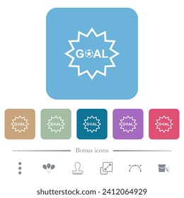 Goal sticker with sharp edges outline white flat icons on color rounded square backgrounds. 6 bonus icons included