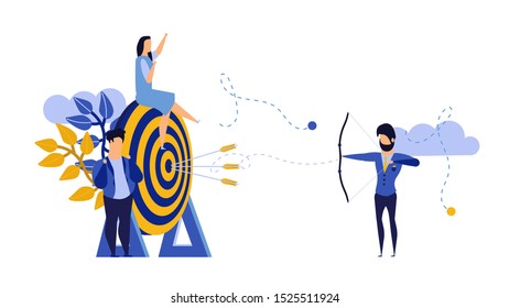 Goal strategy teamwork journey target with bow arrow. Achievement action business communication job employee. Success job dart concept illustration vector. Bullseye solution focus center dartboard