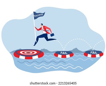 Goal to success ,businessman holding success flag with jumping on many time of failures floating on water and finally reach success goal concept flat illustrator vector 