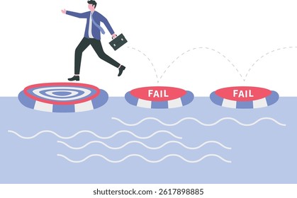 Goal to success ,businessman holding success flag with jumping on many time of failures floating on water and finally reach success goal concept flat illustrator vector

