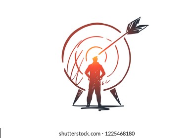 Goal, success, target, aim, arrow concept. Hand drawn person and target with arrow concept sketch. Isolated vector illustration.